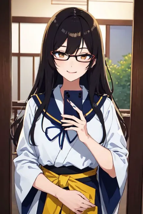 Japanese anime style image of a beautiful and graceful Japanese woman in her twenties, looking towards the viewer, long straight dark hair, side hair tied up, brown eyes with black Egyptian eyeliner and eye makeup, smiling, wearing soft lipstick, wearing a uniform female schoolgirl in blue color and white sleeves, wearing simple glasses, upper body, taking a selfie photo