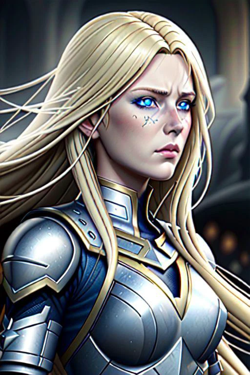 high resolution, HD, highly detailed, drway, fcDetailPortrait, female warrior, battle mail, battle dress, long blonde hair, blue eyes, pale skin, hollow eyes, depressed, flat expression
