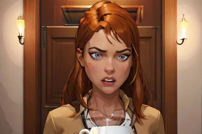 portrait of a woman, masterpiece, best quality, 1girl,batgirl, barbara gordan in her apartment standing in the doorway, at night, (dimly lit), atmospheric scene, (detailed beautiful face, detail skin texture, ultra-detailed body:1.1),, ((extreme skin detail)), hdr, ((ultrarealistic)), (((petite))), (orange hair), glasses, (((yellow button up shirt))), (((clothed nipples))), (((brown skirt))), (((holding a white ceramic coffee mug))), (((with a terrified eyes))), ((mouth agape))