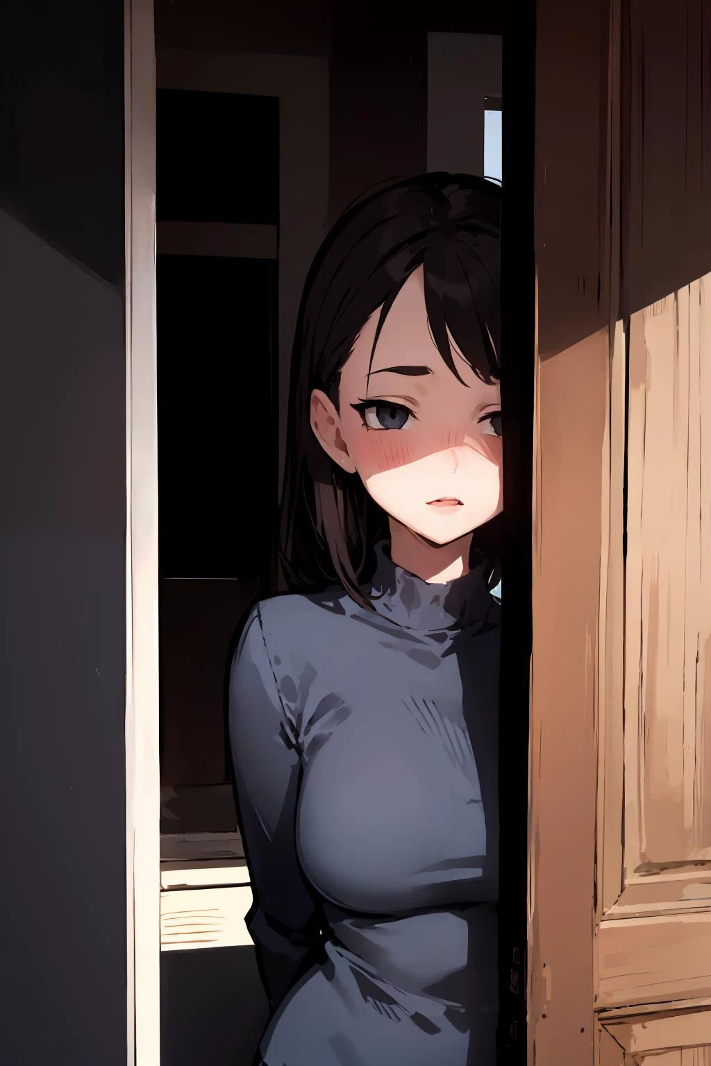 masterpiece,high quality,highres,1girl,solo,mature female,<lora:doorway-v3-wasabiya:1>,drway,doorway,dark background,dark room,<lora:ntrface-wasabiya:1>,ntrgao,upper body,long sleeves,