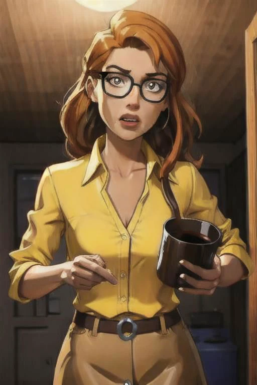 from below, a woman, masterpiece, best quality, 1girl,batgirl, barbara gordan in her apartment standing in the doorway, at night, (dimly lit), atmospheric scene, (detailed beautiful face, detail skin texture, ultra-detailed body:1.1),, ((extreme skin detail)), hdr, ((ultrarealistic)), (((petite))), (orange hair), glasses, (((yellow button up shirt))), (((brown skirt))), (((holding a white ceramic coffee mug))), ((with a terrified eyes)), ((mouth agape))