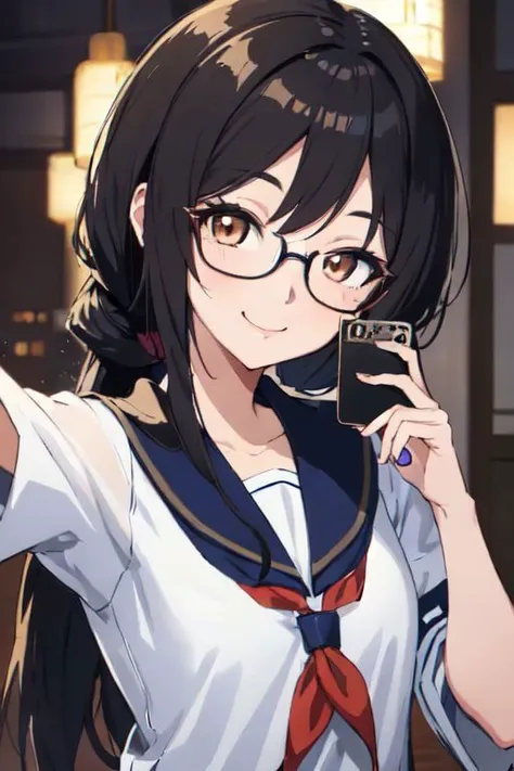 Japanese anime style image of a beautiful and graceful Japanese woman in her twenties, looking towards the viewer, long straight dark hair, side hair tied up, brown eyes with black Egyptian eyeliner and eye makeup, smiling, wearing soft lipstick, wearing a uniform female schoolgirl in blue color and white sleeves, wearing simple glasses, upper body, taking a selfie photo