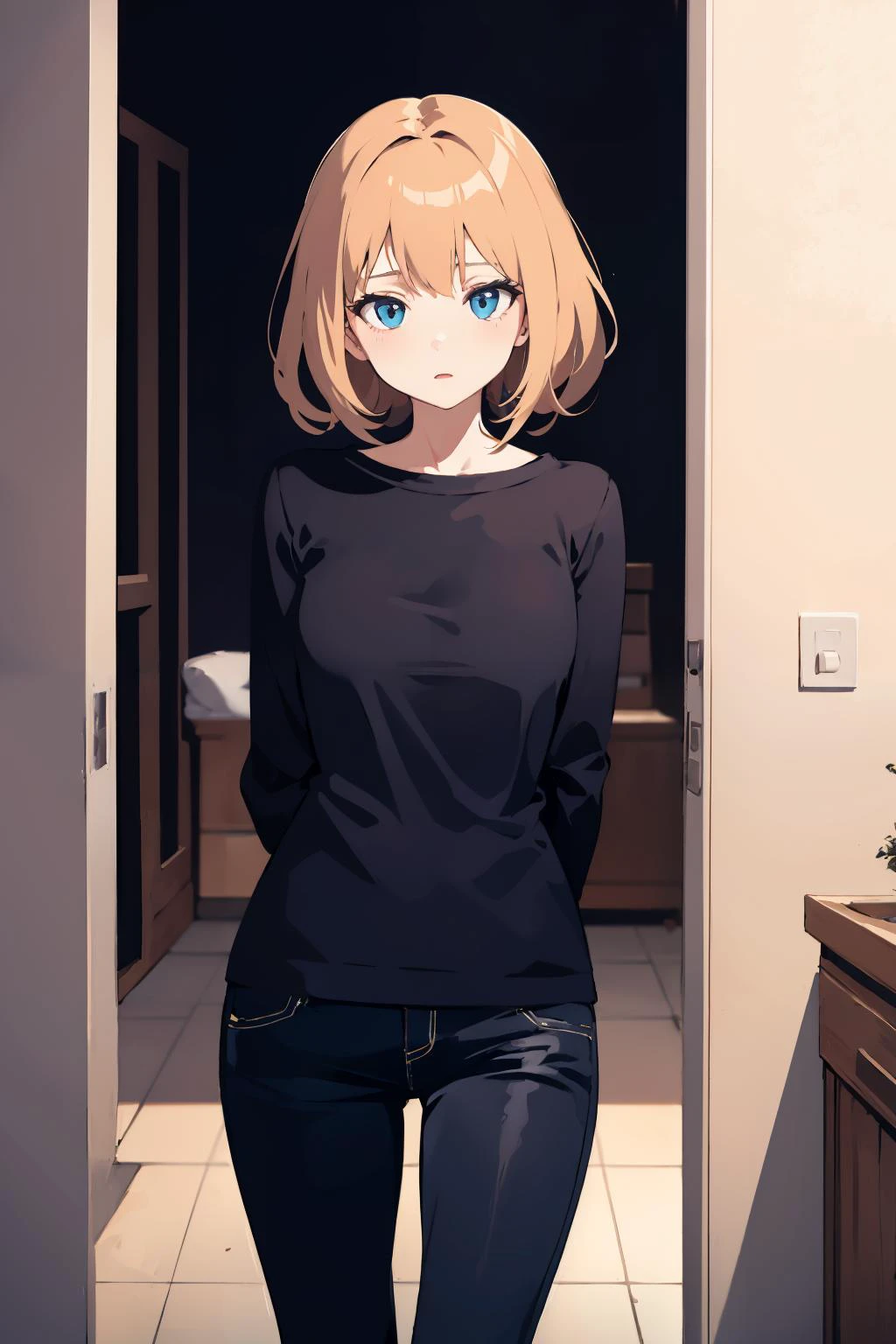 masterpiece,high quality,highres,1girl,<lora:doorway-v3-wasabiya:1>,drway,arms behind back,long sleeves,pants,indoors,door,dark background,mature female,