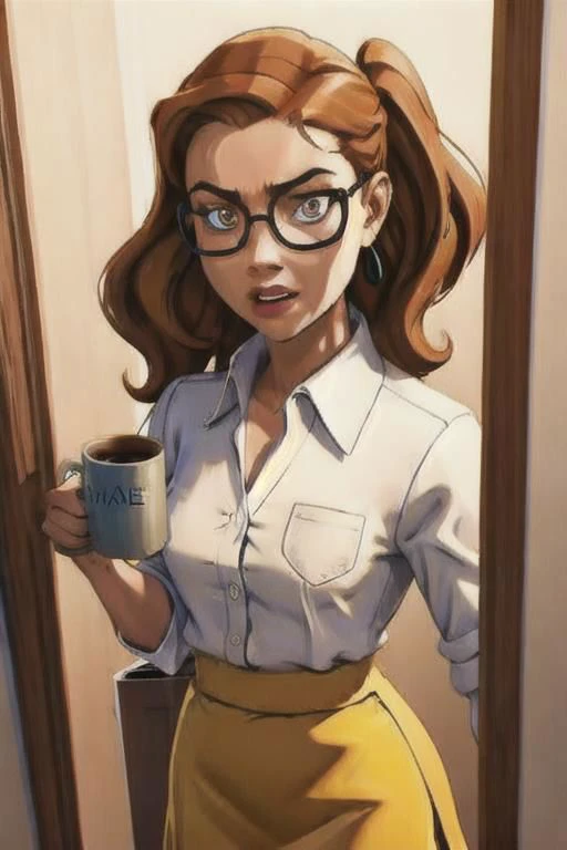 from below, a woman, masterpiece, best quality, 1girl,batgirl, barbara gordan in her apartment standing in the doorway, at night, (dimly lit), atmospheric scene, (detailed beautiful face, detail skin texture, ultra-detailed body:1.1),, ((extreme skin detail)), hdr, ((ultrarealistic)), (((petite))), (orange hair), glasses, (((yellow button up shirt))), (((brown skirt))), (((holding a white ceramic coffee mug))), ((with a terrified eyes)), ((mouth agape))