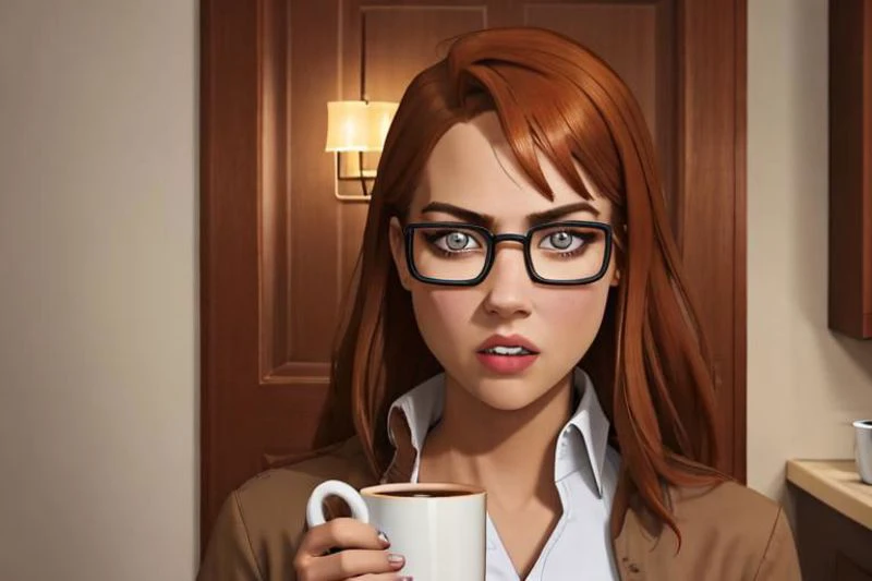 ((from below)), a woman, masterpiece, best quality, 1girl,batgirl, barbara gordan in her apartment standing in the doorway, at night, (dimly lit), atmospheric scene, (detailed beautiful face, detail skin texture, ultra-detailed body:1.1),, ((extreme skin detail)), hdr, ((ultrarealistic)), (((petite))), (orange hair), glasses, (((yellow button up shirt))), (((clothed nipples))), (((brown skirt))), (((holding a white ceramic coffee mug))), (((with a terrified eyes))), ((mouth agape))