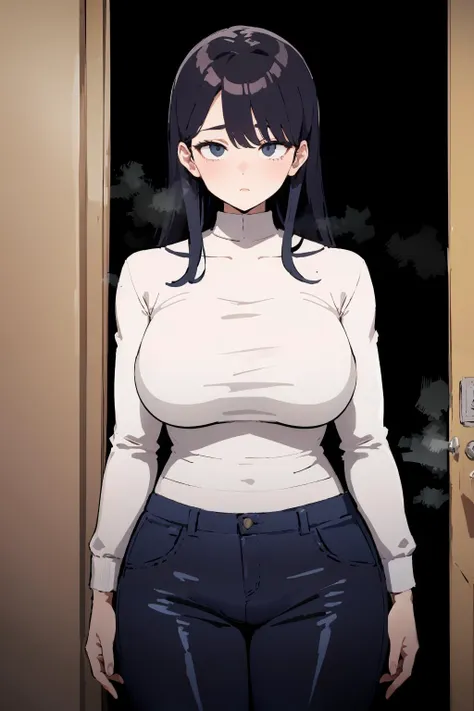 masterpiece,high quality,highres,1girl,<lora:doorway-v3-wasabiya:1>,drway,doorway,black background,dark_room,arms behind back,long sleeves,pants,indoors,door,dark background,mature female,steaming body,<lora:milfgf-wasabiya:1>,mommygf,thick thighs,large breasts, blank eyes