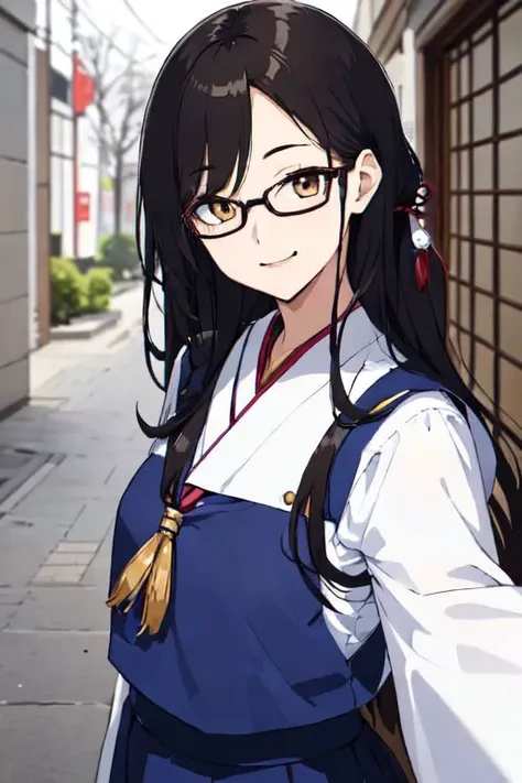 Japanese anime style image of a beautiful and graceful Japanese woman in her twenties, looking towards the viewer, long straight dark hair, side hair tied up, brown eyes with black Egyptian eyeliner and eye makeup, smiling, wearing soft lipstick, wearing a uniform female schoolgirl in blue color and white sleeves, wearing simple glasses, upper body, taking a selfie photo