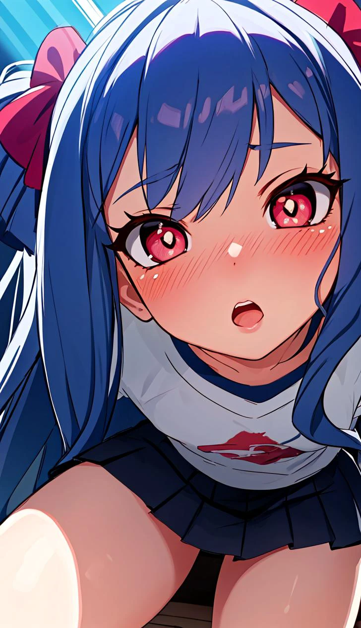 ribs, cute, highly detailed, flat chest, masterpiece, best quality, nsfw, ultra detailed, artistic shadows, light rays, raytracing, 4k, tea red eyes, insanely detailed, bloom, (dynamic angle, highest quality, Alessandro Casagrande, Greg Rutkowski, Sally Mann,) detailed face and eyes, Masterpiece, best quality, highly detailed photo:1), 8k, detailed face, Pretty pupils, looking to viewer, blush, digital painting, detailed face and eyes, Masterpiece, best quality, highly detailed photo, 8k, detailed face, Pretty pupils, looking to viewer, blush, young, t-shirt, miniskirt, blue hair,