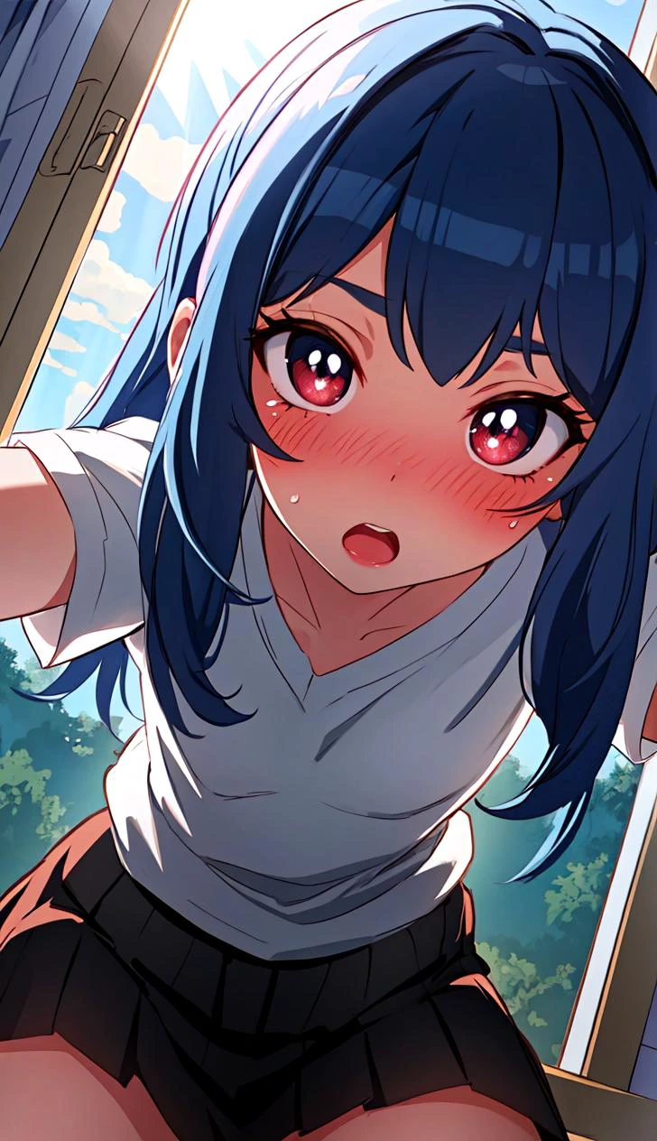 ribs, cute, highly detailed, flat chest, masterpiece, best quality, nsfw, ultra detailed, artistic shadows, light rays, raytracing, 4k, tea red eyes, insanely detailed, bloom, (dynamic angle, highest quality, Alessandro Casagrande, Greg Rutkowski, Sally Mann,) detailed face and eyes, Masterpiece, best quality, highly detailed photo:1), 8k, detailed face, Pretty pupils, looking to viewer, blush, digital painting, detailed face and eyes, Masterpiece, best quality, highly detailed photo, 8k, detailed face, Pretty pupils, looking to viewer, blush, young, t-shirt, miniskirt, blue hair,