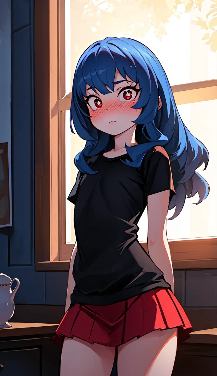 ribs, cute, highly detailed, flat chest, masterpiece, best quality, nsfw, ultra detailed, artistic shadows, light rays, raytracing, 4k, tea red eyes, insanely detailed, bloom, (dynamic angle, highest quality, Alessandro Casagrande, Greg Rutkowski, Sally Mann,) detailed face and eyes, Masterpiece, best quality, highly detailed photo:1), 8k, detailed face, Pretty pupils, looking to viewer, blush, digital painting, detailed face and eyes, Masterpiece, best quality, highly detailed photo, 8k, detailed face, Pretty pupils, looking to viewer, blush, young, t-shirt, miniskirt, blue hair,