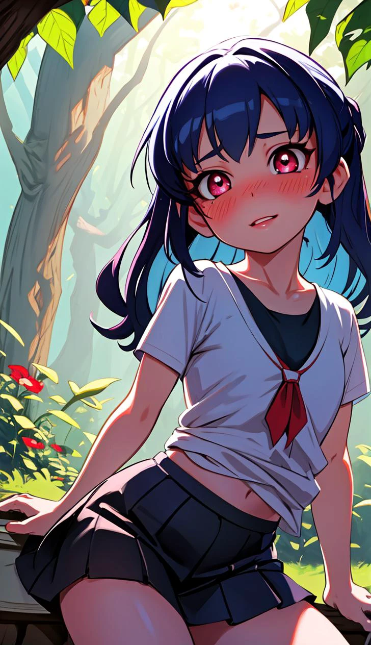 ribs, cute, highly detailed, flat chest, masterpiece, best quality, nsfw, ultra detailed, artistic shadows, light rays, raytracing, 4k, tea red eyes, insanely detailed, bloom, (dynamic angle, highest quality, Alessandro Casagrande, Greg Rutkowski, Sally Mann,) detailed face and eyes, Masterpiece, best quality, highly detailed photo:1), 8k, detailed face, Pretty pupils, looking to viewer, blush, digital painting, detailed face and eyes, Masterpiece, best quality, highly detailed photo, 8k, detailed face, Pretty pupils, looking to viewer, blush, young, t-shirt, miniskirt, blue hair,