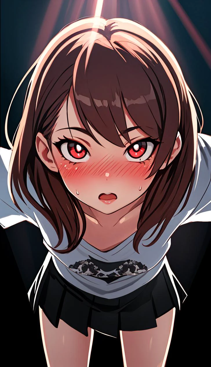 ribs, cute, highly detailed, flat chest, masterpiece, best quality, nsfw, ultra detailed, artistic shadows, light rays, raytracing, 4k, tea red eyes, insanely detailed, bloom, (dynamic angle, highest quality, Alessandro Casagrande, Greg Rutkowski, Sally Mann,) detailed face and eyes, Masterpiece, best quality, highly detailed photo:1), 8k, detailed face, Pretty pupils, looking to viewer, blush, digital painting, detailed face and eyes, Masterpiece, best quality, highly detailed photo, 8k, detailed face, Pretty pupils, looking to viewer, blush, young, t-shirt, miniskirt,