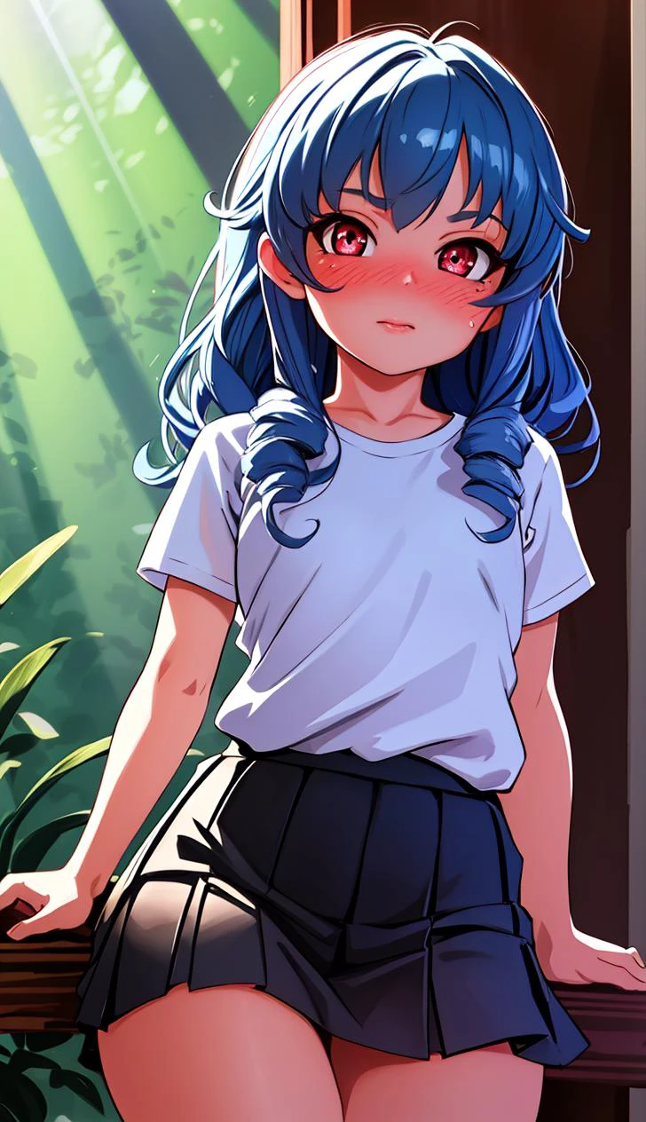 ribs, cute, highly detailed, flat chest, masterpiece, best quality, nsfw, ultra detailed, artistic shadows, light rays, raytracing, 4k, tea red eyes, insanely detailed, bloom, (dynamic angle, highest quality, Alessandro Casagrande, Greg Rutkowski, Sally Mann,) detailed face and eyes, Masterpiece, best quality, highly detailed photo:1), 8k, detailed face, Pretty pupils, looking to viewer, blush, digital painting, detailed face and eyes, Masterpiece, best quality, highly detailed photo, 8k, detailed face, Pretty pupils, looking to viewer, blush, young, t-shirt, miniskirt, blue hair,