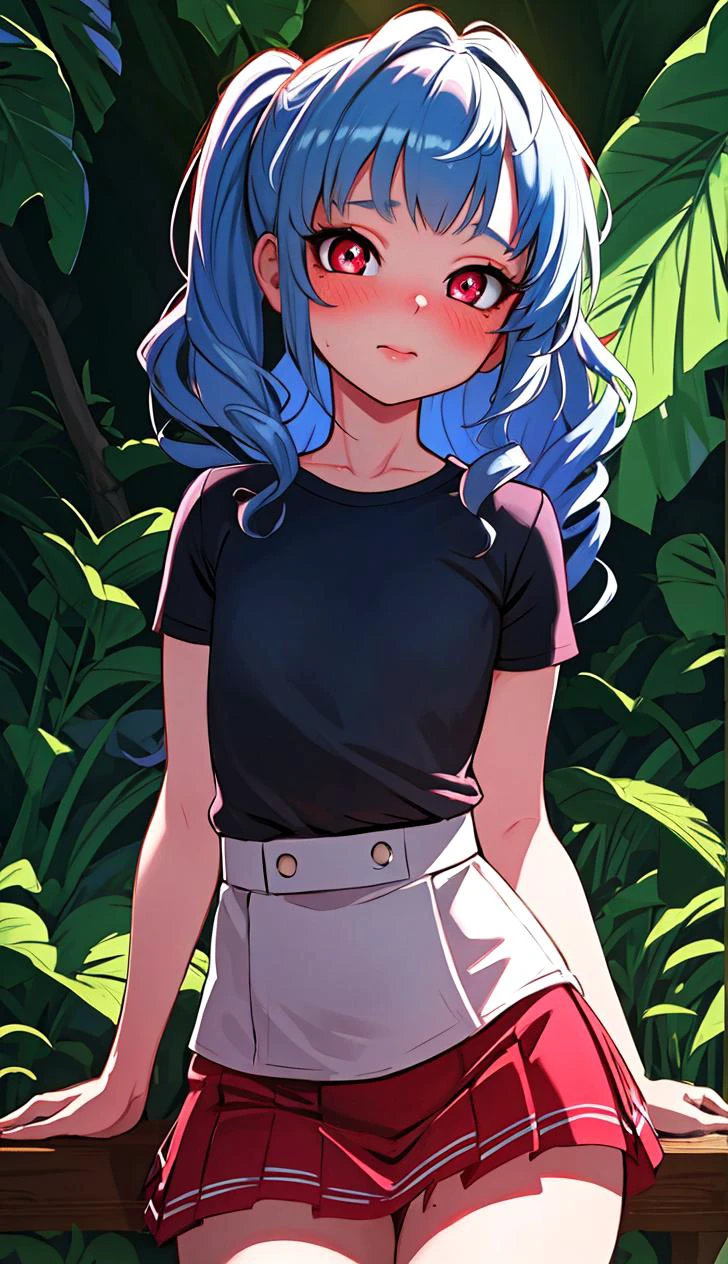 ribs, cute, highly detailed, flat chest, masterpiece, best quality, nsfw, ultra detailed, artistic shadows, light rays, raytracing, 4k, tea red eyes, insanely detailed, bloom, (dynamic angle, highest quality, Alessandro Casagrande, Greg Rutkowski, Sally Mann,) detailed face and eyes, Masterpiece, best quality, highly detailed photo:1), 8k, detailed face, Pretty pupils, looking to viewer, blush, digital painting, detailed face and eyes, Masterpiece, best quality, highly detailed photo, 8k, detailed face, Pretty pupils, looking to viewer, blush, young, t-shirt, miniskirt, blue hair,