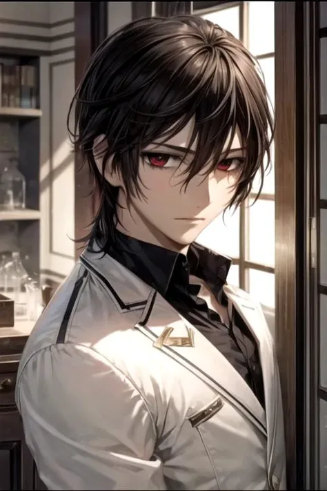 masterpiece, best quality, movie still, 1boy, solo, male focus, looking at viewer, upper body, , , , <lora:kaname_kuran:0.74>, kaname_kuran, brown hair, red eyes, , science fiction speculative fiction,