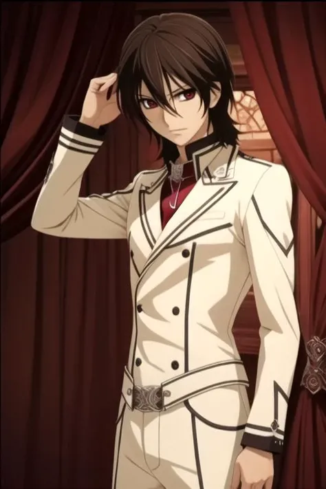 masterpiece, best quality, wallpaper, 1boy, solo, male focus, looking at viewer, , , , , <lora:kaname_kuran:0.72>, kaname_kuran, brown hair, red eyes, outlaw costume, The Shattering Isles, High definition