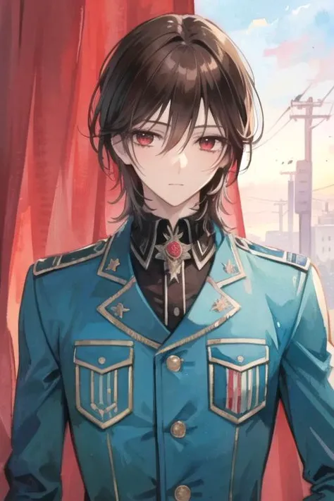 masterpiece, best quality, illustration, 1boy, solo, male focus, looking at viewer, upper body, depth of field, (watercolor illustration, soft pastel colors:1.1), realistic, <lora:kaname_kuran:0.70>, kaname_kuran, brown hair, red eyes, teddy bear costume, military science fiction, 2k resolution