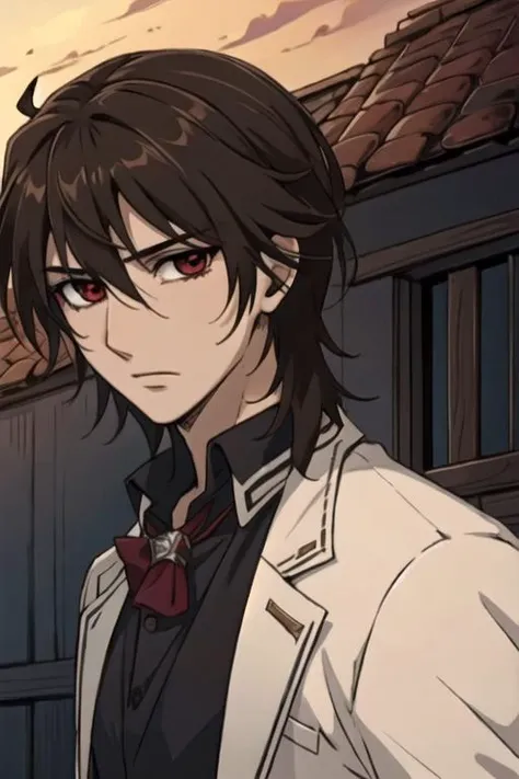 masterpiece, best quality, , 1boy, solo, male focus, looking at viewer, upper body, depth of field, , , <lora:kaname_kuran:0.70>, kaname_kuran, brown hair, red eyes, outlaw costume, ,