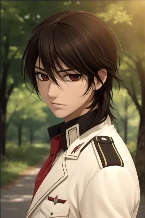 masterpiece, best quality, , 1boy, solo, male focus, looking at viewer, upper body, , , , <lora:kaname_kuran:0.70>, kaname_kuran, brown hair, red eyes, , science fiction military science fiction, 2k resolution