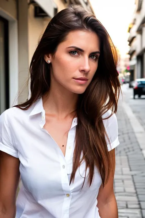 a raw professional portrait photograph of a woman, brown hair, white shirt, on a street, (photorealistic), fujiFilm XF3