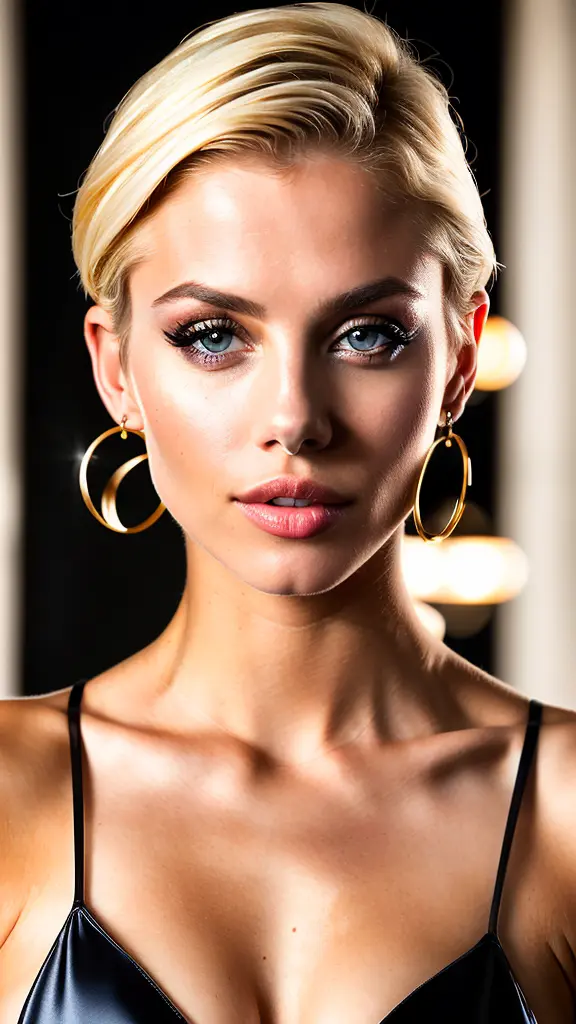 portrait of young beautiful girl, little evening dress, short blonde hair, sexy pose, natural tanned skin, insane detailed, symmetric eyes, photorealistic, raytracing, Leica 50mm, cinematic light