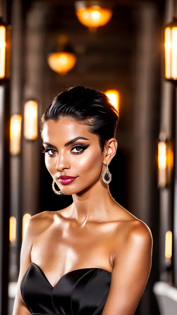 photo of young beautiful girl, little black evening dress, short hair, sexy pose, natural tanned skin, light, insane detailed, symmetric eyes, photorealistic, raytracing, Leica 50mm, cinematic light, God rays