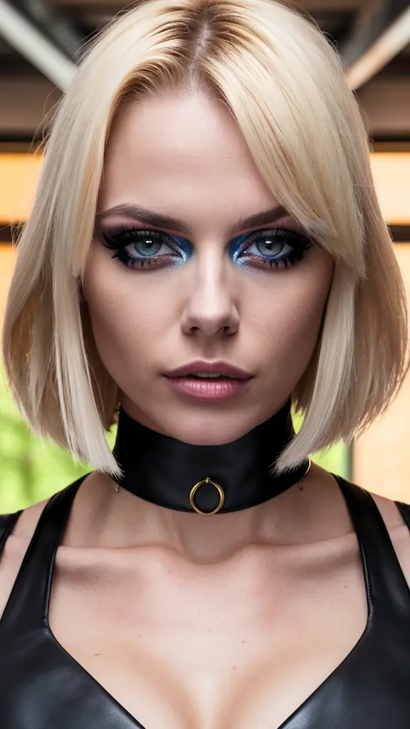 professional photo of horny girl, blonde bob, chocker, looks like real, HQ, 4K, focused, insane detailed face, symmetric eyes, photorealistic, raytracing