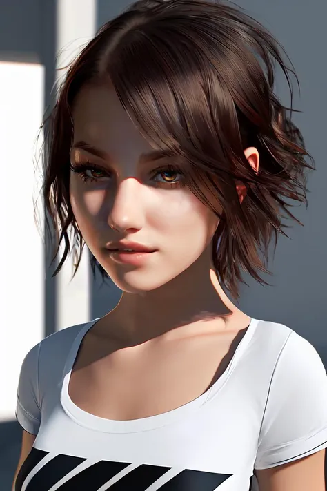 young horny girl, short free cropped white T-shirt, light, insane detailed, symmetric eyes, photorealistic, raytracing