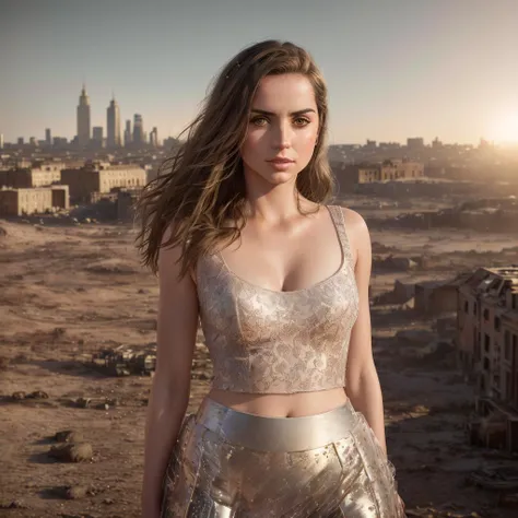 raw photo of European full-body young woman dressed light skirt, breast tightener, 23 years old, hyper detailed realistic face, realistic eyes, detailed skin pores, woman stands in the middle of the wasteland, close up, fantastic cinema shot, 8k hdr reflections, ruined city on background, looking directly at the camera, realistic shadows and reflections, high resolution beautiful face portrait, <lora:AnaDeArmasv2:1>