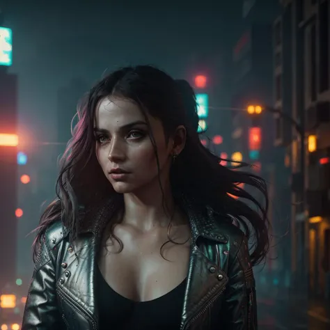 editorial photo of a beautiful woman go through the cyberpunk city, <lora:person_AnaDeArmasv2:1>, (28 years old), shallow DOF, shot on CineStill 800T, long hair, foggy mood, medium shot, beautiful face, ((ultra realistic detailed skin)), cyberpunk city on the background, futuristic city, 24 century, photorealistic digital art trending on Artstation 8k HD high definition detailed realistic,ultra skin texture, skin imperfections, intricate details, 32k, cinematic composition, professional color grading, cinematic lighting, hdr, cinema shot, ((low key)), atmosphere, wondrous