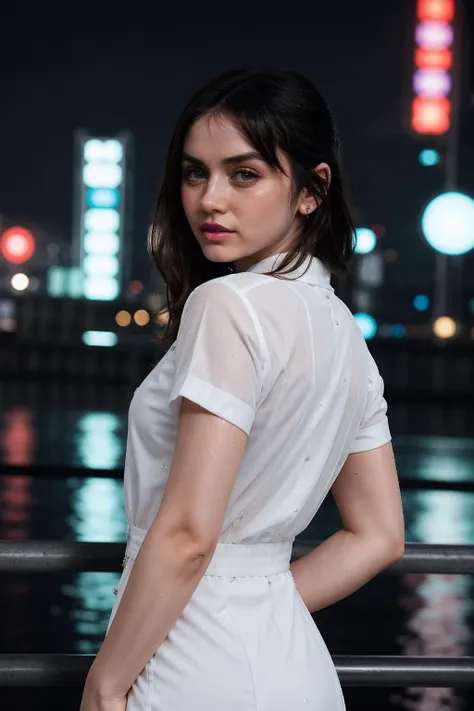 It's dark night, (Cara Delevingne), A woman stands leaning against a wall in the dark, It's night and it's raining heavily. The lonely street lamp provides little light. The woman is dressed only in a white top and a short white skirt, The clothes are completely soaked, Under the skirt the small round buttocks are visible, Under the top the small round breasts stand out, The wet hair sticks to her face, (small head), (Masterpiece:1.2) (photorealistic:1.2) (best quality) (intricate details) (8K) (High Poly) (ray tracing), (Sharp focus), (natural skin textures)