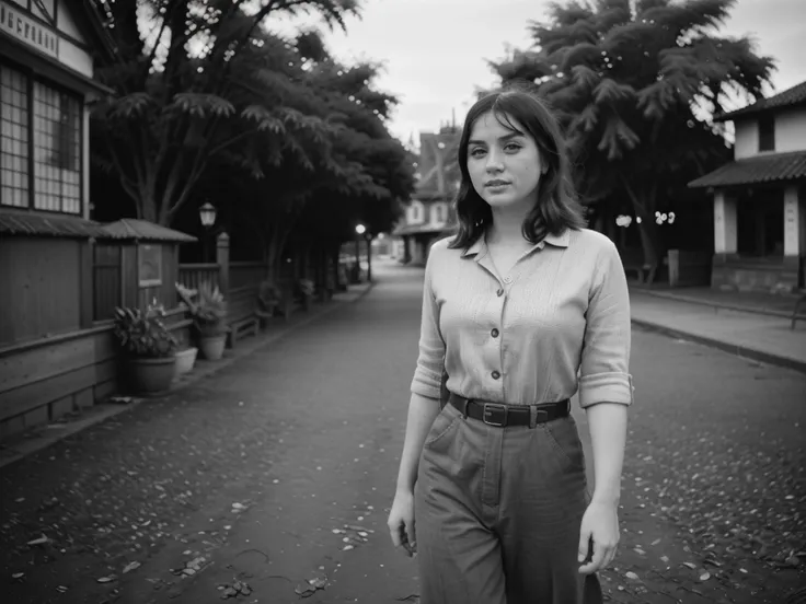 photo of anamr <lora:AnaDeArmasV2Dogu:0.9> is in center of an old town, old photo, 1940s, film grain, bad quality, poor photo quality, unsharp, blurred, village, vintage, monochrome, grainy, vignette, vintage, Kodachrome,