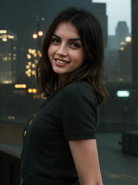 photo of anamr <lora:AnaDeArmasV2Dogu:0.9>, smiling, in a scifi city background, RAW candid cinema, 16mm, color graded portra 400 film, remarkable color, ultra realistic, textured skin, remarkable detailed pupils, realistic dull skin noise, visible skin detail, skin fuzz, dry skin, shot with cinematic camera