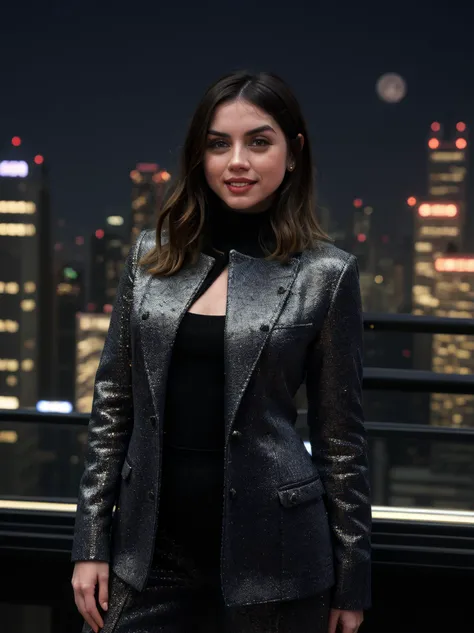 beautifulphoto of anamr <lora:AnaDeArmasV2Dogu:0.8>, smiling, in a scifi city background