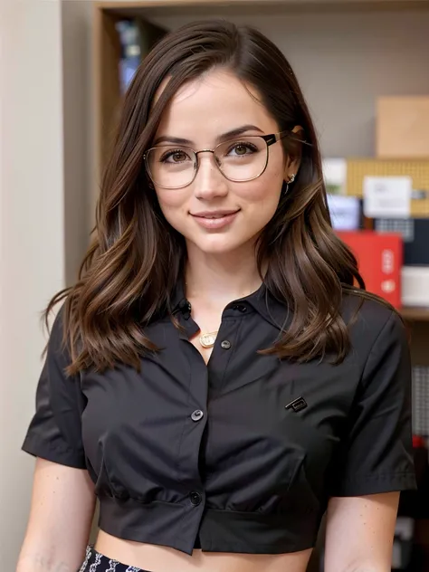closeup of anadea69, <lora:AnaDeArmasv2:0.9> , as a office secretary, shirt, smirking, narrow frame glasses, mini skirt, office background