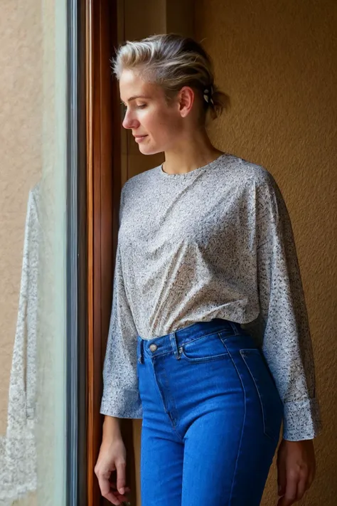 <lora:perfect_girl11:0.85>, perfect_girl11, photo of a woman, asymmetrical hair style, wearing a shirt, wearing jeans, standing, looking out a window, sad, (sharp forcus, highly detailed, 4k, 8k, best quality, masterpiece, ultra highres:1), dark studio, dark lighting, contrast, medium shot, <lora:rMadArt3_NoiseOffset:2>