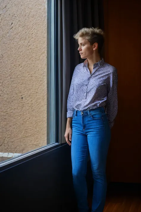 <lora:perfect_girl11:0.85>, perfect_girl11, photo of a woman, asymmetrical hair style, wearing a shirt, wearing jeans, standing, looking out a window, sad, lonely, (sharp forcus, highly detailed, 4k, 8k, best quality, masterpiece, ultra highres:1), dark studio, dark lighting, contrast, medium shot, <lora:rMadArt3_NoiseOffset:2>