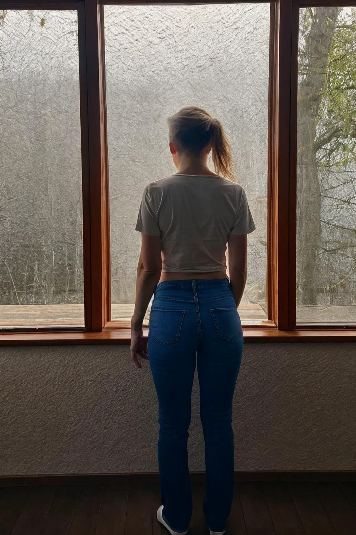 <lora:perfect_girl11:0.85>, perfect_girl11, photo of a woman, asymmetrical hair style, wearing a shirt, wearing jeans, standing, looking out a window, sad, lonely, (sharp forcus, highly detailed, 4k, 8k, best quality, masterpiece, ultra highres:1), dark studio, dark lighting, contrast, medium shot, <lora:rMadArt3_NoiseOffset:2>