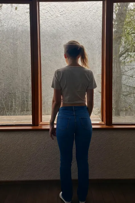 <lora:perfect_girl11:0.85>, perfect_girl11, photo of a woman, asymmetrical hair style, wearing a shirt, wearing jeans, standing, looking out a window, sad, lonely, (sharp forcus, highly detailed, 4k, 8k, best quality, masterpiece, ultra highres:1), dark studio, dark lighting, contrast, medium shot, <lora:rMadArt3_NoiseOffset:2>