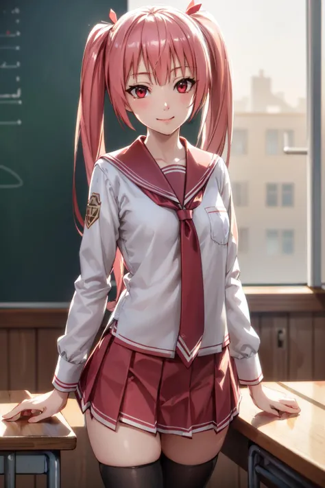 1girl, solo, kharia, pink hair, twintails, long hair, red hair ribbon, red eyes,
(school uniform:1.2), long sleeves, short necktie, flat chest, miniskirt, black thighhighs,
classroom,
<lora:kharia-000008:0.8:lbw=1,1,1,1,1,0,0,0,1,1,1,1,1,1,1,0,0>