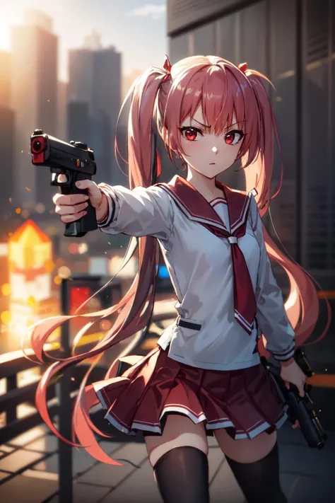 (serious:1.2), looking at another,
1girl, solo, kharia, pink hair, twintails, long hair, red hair ribbon, red eyes,
(school uniform:1.2), long sleeves, short necktie, flat chest, miniskirt, black thighhighs,
outdoors, sunset, building, holding gun,
<lora:kharia-000008:0.8:lbw=1,1,1,1,1,0,0,0,1,1,1,1,1,1,1,0,0>