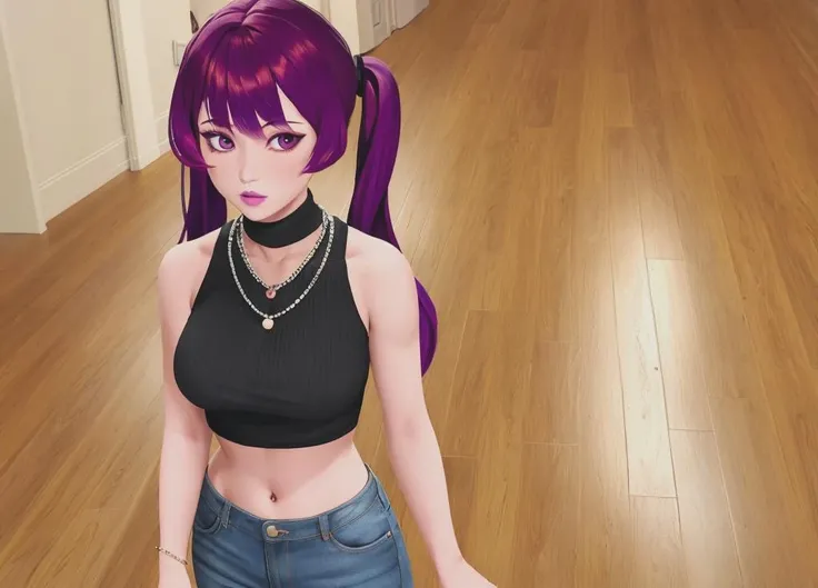 Houseintherift_lyriel, 1girl, bare shoulders, breasts, crop top, indoors, jewelry, large breasts, lips, long hair, looking at viewer, midriff, necklace, parted lips, purple eyes, purple hair, red eyes, red hair, sleeveless, solo, twintails, wooden floor,  <lora:rift_Lyriel-000005:0.6>,