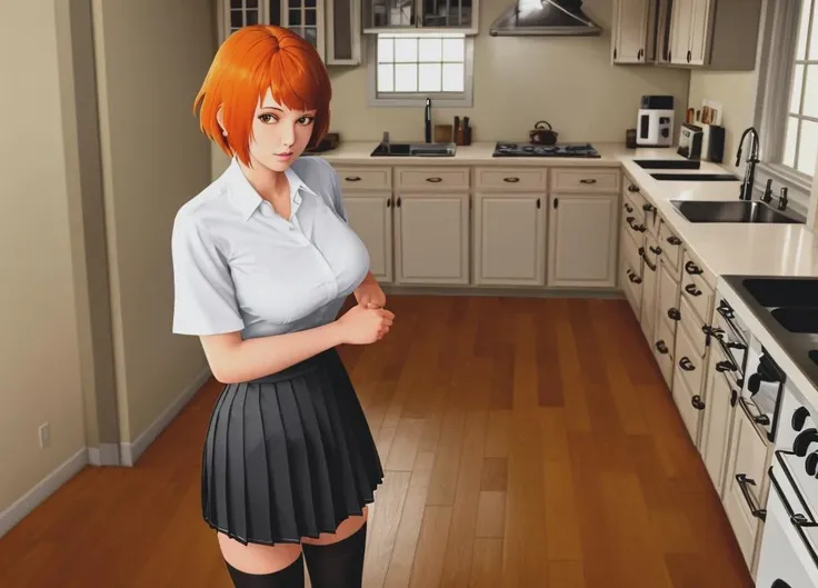 Houseintherift_lyriel, 1girl, breasts, food, kitchen, orange hair, pleated skirt, school uniform, shirt, short hair, skirt, solo, thighhighs, looking at viewer,  <lora:rift_Lyriel-000005:0.6>,