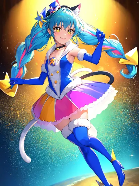 masterpiece, best quality, looking at viewer, depth of field, standing, full_body,
1girl, <lora:locon_cure_cosmo_01:0.95>, cure cosmo, cat girl, mini hat, multicolored hair, blue elbow gloves, blue thigh boots, choker, collar,
smile, ((gradient background)), lens flare,