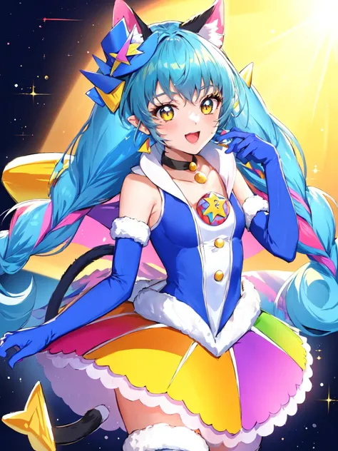 masterpiece, best quality, looking at viewer, depth of field, standing, full_body,
1girl, <lora:locon_cure_cosmo_01:0.95>, cure cosmo, cat girl, mini hat, multicolored hair, blue elbow gloves, blue thigh boots, choker, collar,
smile, ((gradient background)), lens flare,