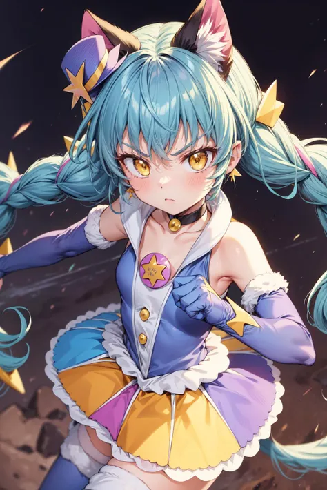 (Obra maestra, mejor calidad:1.2), detalles intrincados, arcade sona, 1 chica, dos colas, collar, pendientes, adorno para el cabello estrella, escote, guantes sin dedos, pelo azul, (mujer madura:1.2), sonrisa ligera, pechos grandes