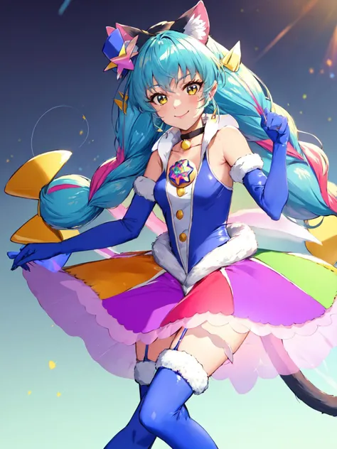 masterpiece, best quality, looking at viewer, depth of field, standing, full_body,
1girl, <lora:locon_cure_cosmo_01:0.95>, cure cosmo, cat girl, mini hat, multicolored hair, blue elbow gloves, blue thigh boots, choker, collar,
smile, ((gradient background)), lens flare,