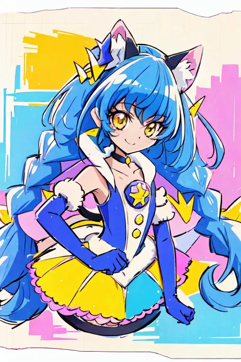 masterpiece,best quality,1girl,cure cosmo,yellow eyes,cat girl,cat ears,mini hat,multicolored hair,blue elbow gloves,blue thigh boots,choker,collar,smile,upper body,<lora:locon_cure_cosmo_01:0.9>,<lora:KamikitaV2:0.8>,