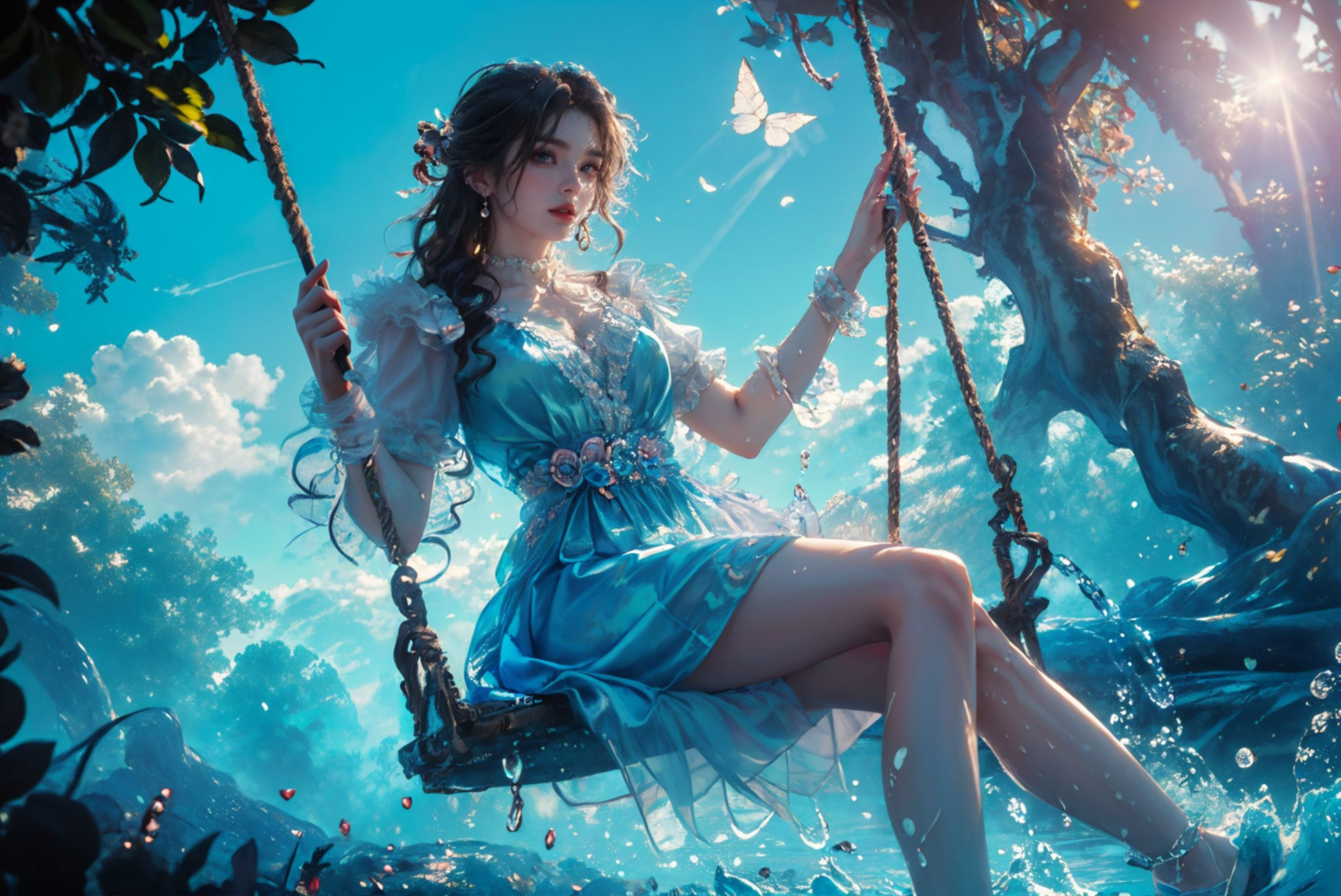 Araffe girl in a blue dress sitting on a swing in the water - SeaArt AI