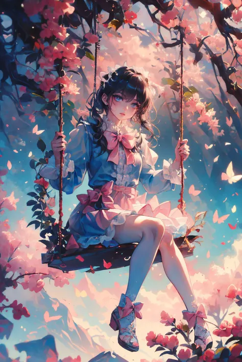 (masterpiece, top quality, best quality, official art, beautiful and aesthetic:1.2),cover art,
sleek,dark,highly detailed,
xuer swing,high gloss,extremely beautiful skin,natural skin texture,(Milky skin:1.2),(shiny skin:1.4),1gir,solo,
pink bows,blue blouse,
<lora:~Q?-ySC xuer swing:0.8>,